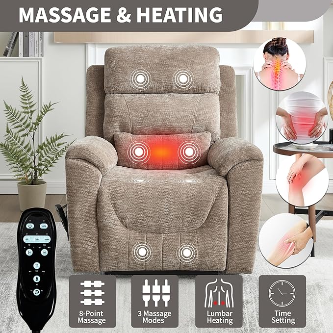 Power Lift Recliner Chair for Elderly People, Dual Motor Lay Flat Recliner with Vibration Massage and Heat, Heavy Duty Motion Mechanism Standing Assistance Reclining Chair, Chenille Fabric Khaki