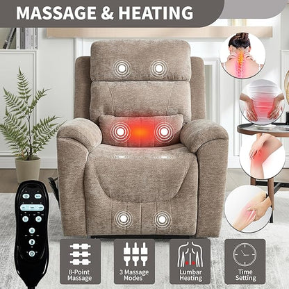 Power Lift Recliner Chair for Elderly People, Dual Motor Lay Flat Recliner with Vibration Massage and Heat, Heavy Duty Motion Mechanism Standing Assistance Reclining Chair, Chenille Fabric Khaki
