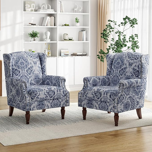 Pia Ricco Set of 2 Floral Accent Chairs, High Back Upholstered Armchairs with Retro Wingback Design, Nailhead Trim & Solid Wood Legs for Living Room Bedroom(Flower Navy)