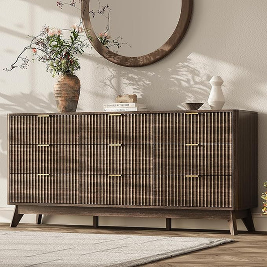 63'' Wide 9 Drawers Dresser for Bedroom,Modern Fluted Vertical Chest with Rounded Corners,Fluted Dresser for Living Room,Hallway, Walnut