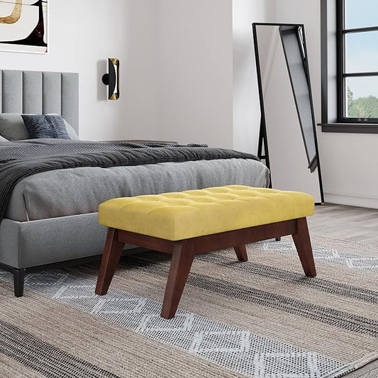 SIMPLIHOME Draper 40 inch Wide Mid Century Modern Rectangle Tufted Ottoman Bench in Dijon Yellow Velvet Fabric, Assembled for the Living Room and Bedroom