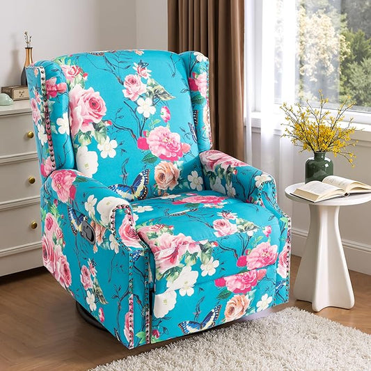 Premium 360° Swivel Recliner Chair with Footrest - Luxurious Cotton Linen & Botanical Design-Peacock Blue Rose