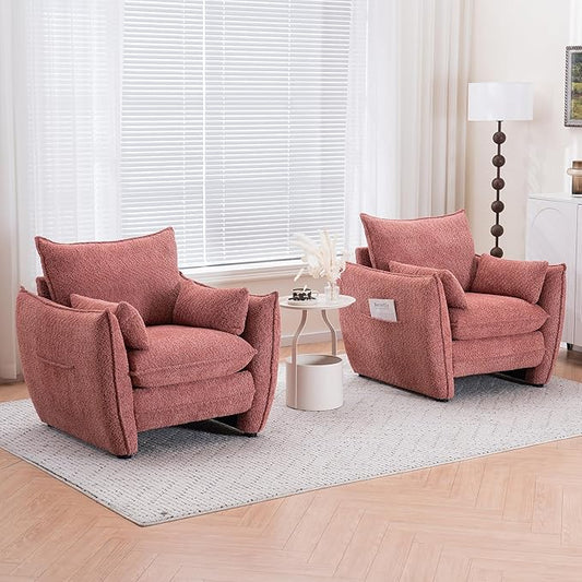 Chenille Oversized Accent Chairs Set of 2, Modern Oversized Armchair with Removable Pillow, Comfy Living Room Chair with Side Pocket Storage for Bedroom, Office, Pink