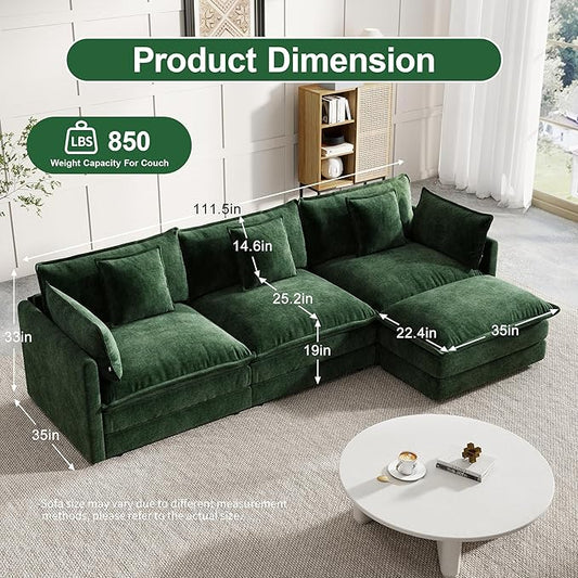 Modular Sectional Sofa, 111.5 Inch L-Shaped Cloud Sofa with Deep Seat Chenille Sofa with Cushions, Three-Self Sectional Sofa for Living Room Apartment,Evergreen