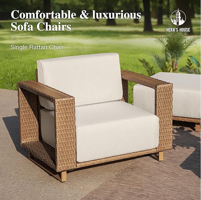 HERA'S HOUSE 6 Pieces Patio Furniture Set, 4 Sectional Outdoor Rattan Wicker Sofas with 2 Ottomans, All Weather Patio Conversation Set with 5.3" Widened Armrest, 10" Ultra Thick Cushion for Deck