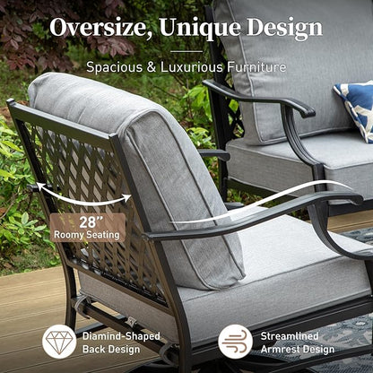 4 Piece Metal Outdoor Patio Furniture Set, Patio Conversation Sets 1 3-seater Sofa, 2 Swivel Chair with 5.75" Extra Thick Cushion and Coffee Table, Black Frame Backyard Furniture, Gray