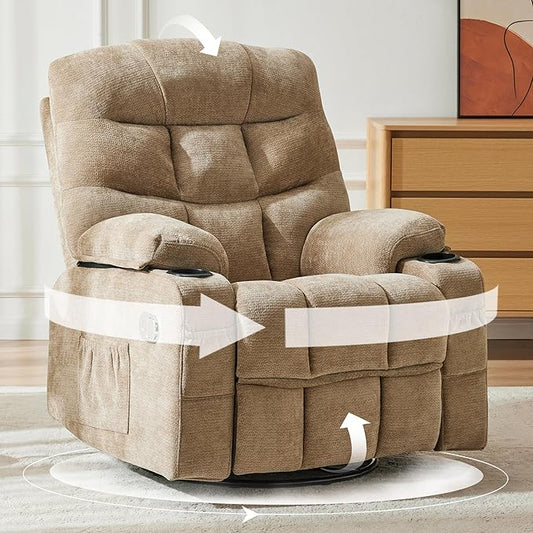 Manual 360°Swivel Rocker Recliner Chair,Single Recliner Seat with Cup Holders,Recliner Chairs for Adults, Upholstered Fabric Lazy Boy Recliner for Bedroom,Living Room,Brown