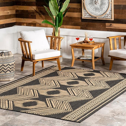 nuLOOM 10' x 13' Outdoor Tribal Geometric Area Rug, Stain Resistant, Weather Resistant, High Traffic, Patio, Balcony, Outside, Ranya Dark Grey