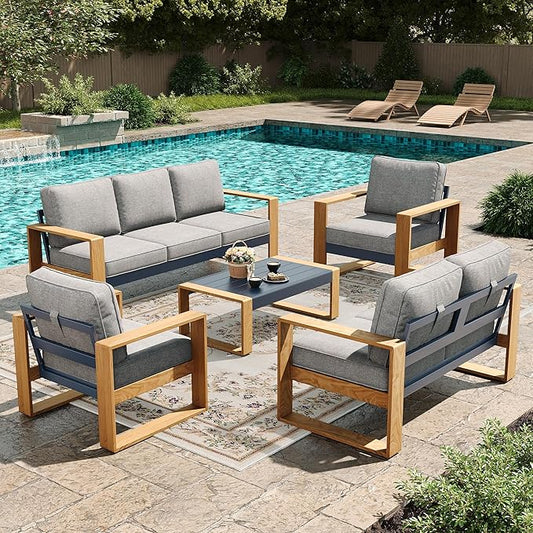 LayinSun 5 Pieces Aluminum Patio Furniture Set with Coffee Table, Oversized Seat with Hight Back, Outdoor Conversation Sets for Porch, Balcony, Deck