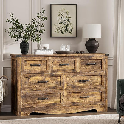 Dresser for Bedroom with 7 Drawers, 48" Wide Wood Chest of Drawers with Deep Drawers & Mental Handle, Modern Dresser TV Stand, Wooden Closet Storage Organizer for Living Room, Hallway, Entryway, Brown