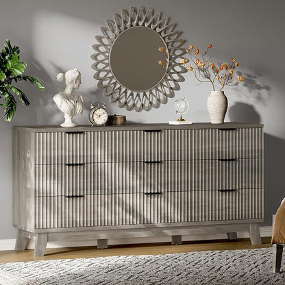 Fluted Dresser with 9 Drawers, 63" Wide Wood Chest of Drawers with Metal Handle, Wooden Dresser TV Stand, Modern Closet Clothes Storage Organizer for Bedroom, Living Room, Hallway, Light Grey