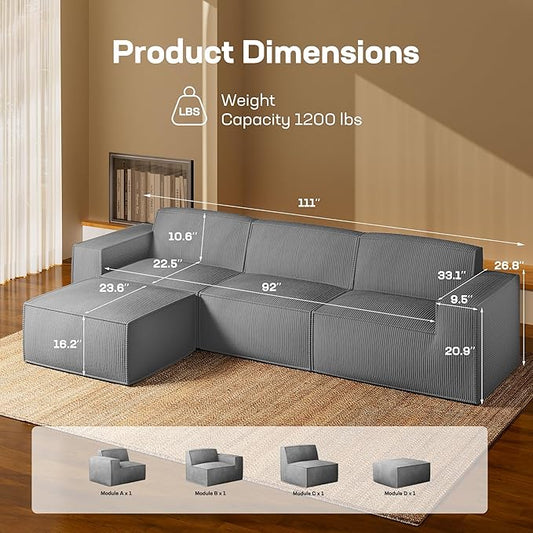Marsail Modular Sectional Sofa, 111" L-Shaped Modular Sectional Couch with Deep Seat, Freely Combinable Sectional Clound Sofa for Living Room, No Assembly, Plush Corduroy Fabric, Grey