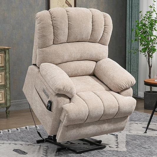 Power Recliner with Vibration Massage & Lumbar Heat, Electric Lift Chairs for Elderly, High Back Reclining Max 155 Degree with Charging Ports, Chenille Fabric Beige