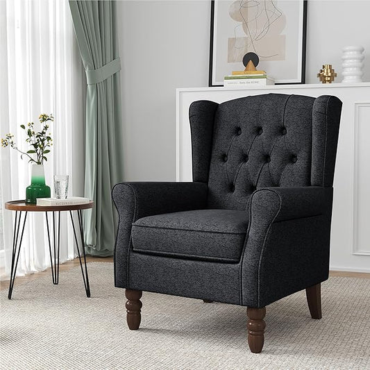 High Back Accent Chair, High Wingback Chair for Living Room, Button-Tufted Upholstered Fabric Armchair with Solid Wood Legs, Comfy Single Sofa Reading Chair for Bedroom, Dark Navy