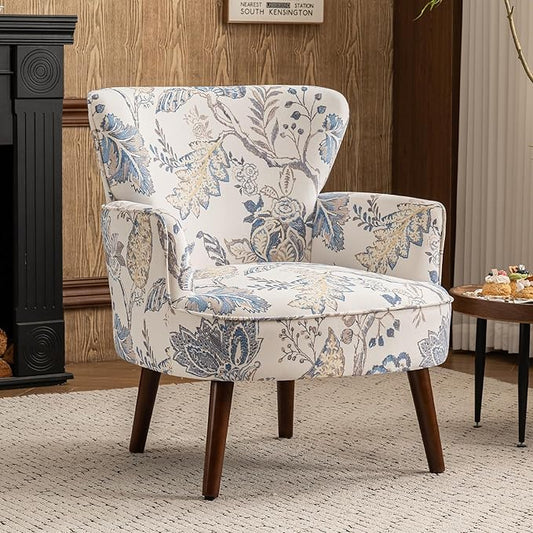 Floral Accent Chair, Upholstered Living Room Chairs with Solid Wood Legs, Mid Century Modern Velvet High Back Armchair for Living Room, Bedroom, Blue