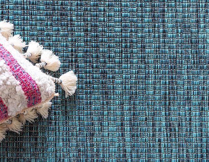 Unique Loom Outdoor Border Collection Area Rug - Soft Border (7' 1" x 10' Rectangle, Teal/ Ivory)