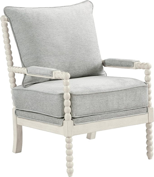OSP Home Furnishings Kaylee Spindle Accent Chair with Antique White Wood Frame, Smoke Grey Fabric