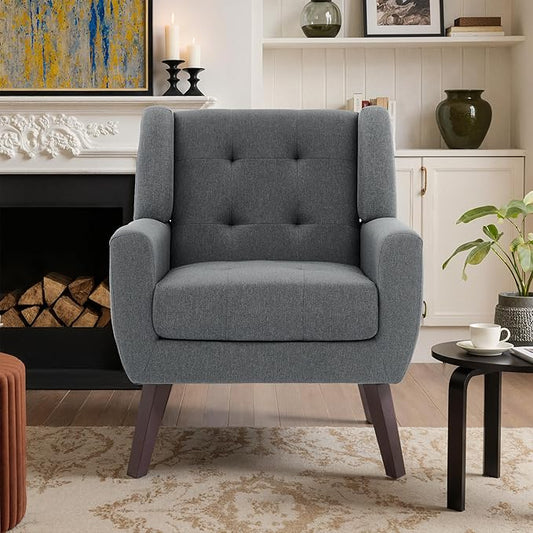 Accent Chair, Mid-Century Modern Upholstered Armchair, Comfy Fabric Living Room Chairs Reading Chairs with Button Tufted Back & Solid Wood Legs for Bedroom, Office, Gray