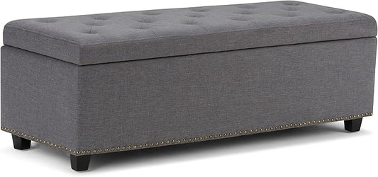 SIMPLIHOME Hamilton 48 inch Wide Transitional Rectangle Storage Ottoman in Slate Grey Linen Look Fabric, Assembled, For the Living Room, Entryway and Family Room