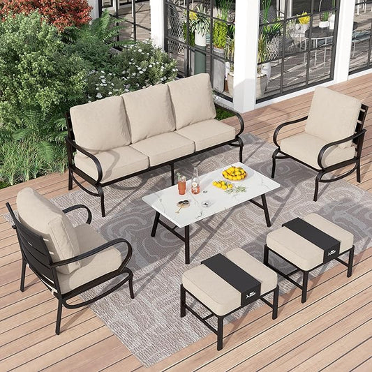 PHI VILLA Patio Conversation Sets 6 Piece, Deluxe Outdoor Patio Set for 5-7 Person with 3 Seater Padded Deep Seating Bench, 2 Padded Armrest Sofa Chairs, 2 Ottoman and & 1 Coffee Table