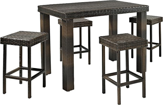 Crosley Furniture Palm Harbor 5-Piece Outdoor Dining Set for 4, Counter Height Wicker Patio Table and Stools, Brown