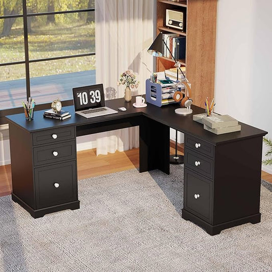 L Shaped Exective Desk with Drawers and File Drawers: 60" Country Vintage Desk for Home Office, Gaming Computer Desks with Storages(Black)