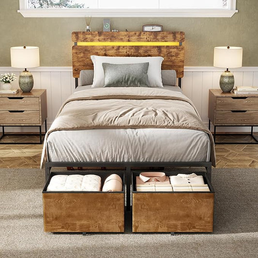 Forestell Twin Bed Frames with Wood Headboard, Metal Platform Bed with 2 Storage Drawers & Shelf, Built in Charging Station & LED Lights, No Box Spring Needed, Vintage Brown, Camas Twin Size