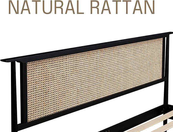 NTC Ruby Wooden Bed Frame with Headboard and Natural Rattan, Solid Oak Foundation with Silent Slats, 1000 Lb Capacity, Effortless Assembly, Queen - Burnt Black