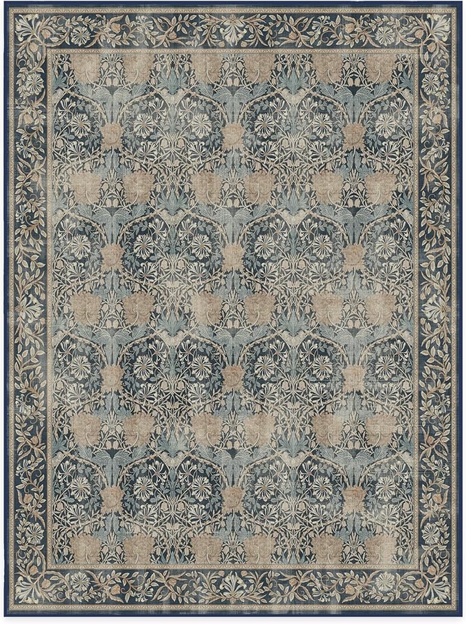 RUGGABLE x Morris & Co Machine Washable Area Rug – Honeysuckle & Tulip Blue 9x12, Stain-Resistant, Non-Slip – Large Rugs for Living Room, Bedroom, Hallway, Entryway & Office–with Cushioned Pad