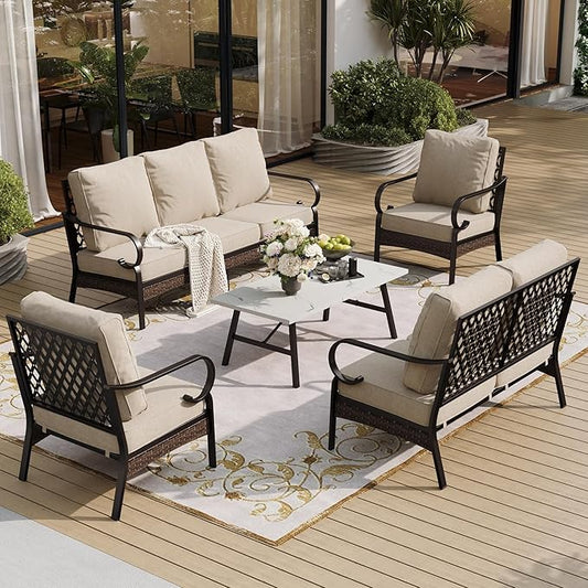 5 Piece Metal Outdoor Patio Furniture Set, Patio Conversation Sets 1 3-Seater Sofa, 2-Seater Sofa, 2 Fixed Sofa with 5.75" Thick Cushion & Coffee Table Black Backyard Furniture, Beige