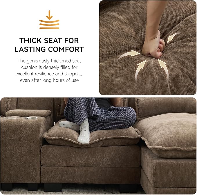 125'' U Shaped Cloud Modular Sofa with Chaise Lounges, Chenille Upholstered Comfy Sectional Couch with Storage Console, USB Charging Ports & Cup Holders, Small Deep Seat Sofa for Living Room, Brown