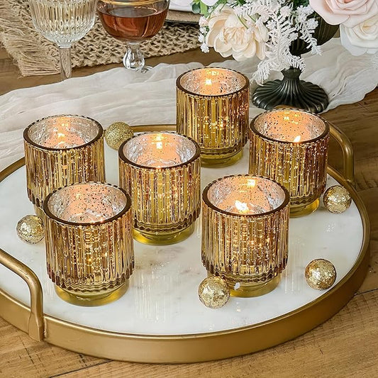 Kate Aspen Gold Votive Candle Holders - Vintage Ribbed Glass Candle Holder Set of 6 - Mercury Glass Tealight Holders for Christmas Table Decor, Holiday Centerpieces, Fall Thanksgiving Tablescape