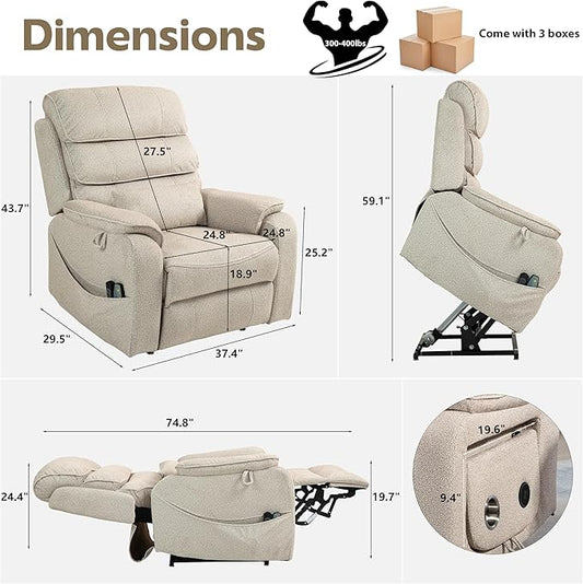 Power Lift Recliners Chairs for Elderly Adults Lay Flat Recliner with Heat & Massage, Wireless Charging Device, USB Ports, Cup Holder, Lumbar Pillow, 400Lbs（Grainy Fibric,Oatmeal）