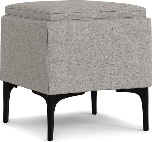 SIMPLIHOME Natasha 18 inch Wide Mid Century Square Mid Century Storage Ottoman with Tray in Cloud Grey Polyester Linen, Assembled, For the Living Room, Entryway and Family Room