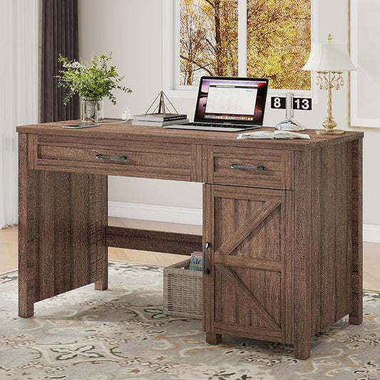 Vabches Farmhouse 47" Executive Desk, Computer Desk with Drawers and Storage Cabinet, Workstation Computer Desk for Home Office, Study.（Red-Brown）