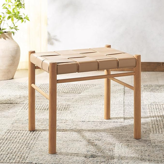 SAFAVIEH Couture Collection Devnie Tan Woven Leather & Natural Solid Wood Ottoman (Fully Assembled)