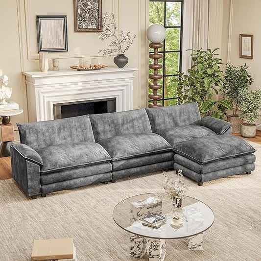 Furniwell Modular Sectional Sofa with Moveable Ottoman, Oversized 3-Seater Couch with Supportive Backrest, Chenille Convertible Sofa Couches for Living Room/Apartment (Grey, L Shaped)
