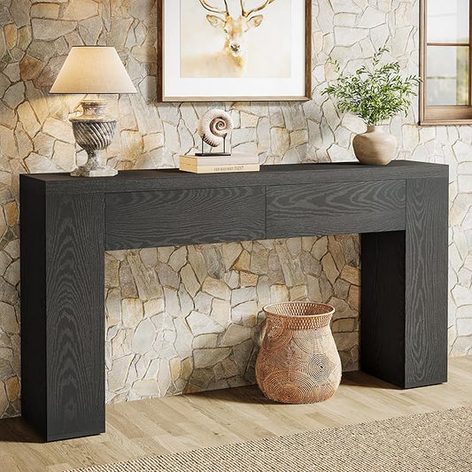 Tribesigns 63-Inch Wooden Console Table with 2 Hidden Drawers, Farmhouse Rustic Brown Sofa Table for Living Room, Hallway, Entrance, Foyer, Easy Assembly (Black)