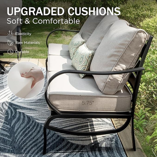 PHI VILLA 6 Piece Patio Furniture Sets with 1x 3-Seat Deep Seating Bench Sofa, 2 C-Base Sofa Chairs, 2 Metal Cushioned Ottoman and & 1 Coffee Table, Deluxe Outdoor Patio Set for 5-7 Person