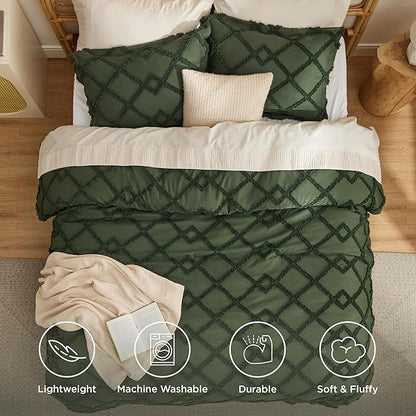 Bedsure Boho Comforter Set King - Olive Green Tufted King Size Comforter, 3 Pieces Farmhouse Shabby Chic Embroidery Bed Set, Soft Fluffy Geometric Pattern Bedding for All Seasons