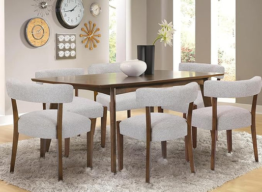 Modern Dining Chairs Set of 6, Walnut Upholstered Kitchen & Dining Room Chairs, Mid Century Modern Wooden Dining Chairs Oversized Sturdy Rounded Chairs Curved Back, Beige Fabric