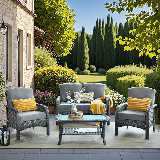 4 Pieces Wicker Patio Furniture - All-Weather PE Wicker Outdoor Conversation Bistro Set Loveseat Chairs with Table,Outdoor Rattan Sofa Chair High Back Deep Seating,Grey