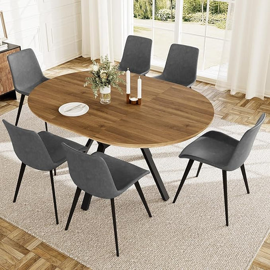 Extendable Round Dining Table Set for 6 People, 43.3"-59.1" Extendable Kitchen Table with 6 Upholstered Chairs, Space Saving for Kitchen Dining Room (Walnut Table+6 Grey Chairs)