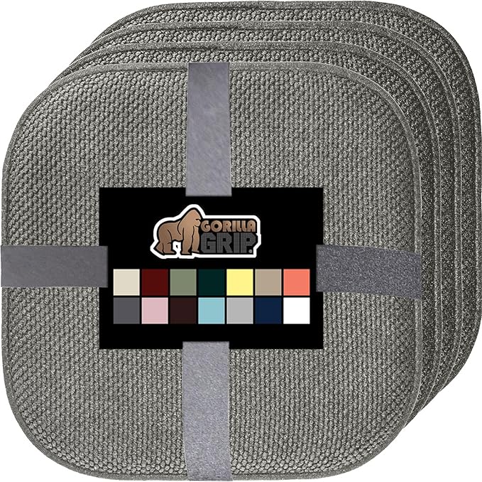 GORILLA GRIP Slip Resistant Chair Cushions, No Ties Required, Memory Foam Pads for Dining Room, Kitchen Table, Office, Rocking Chairs, Plush Seat Cover Cushion Pad, Home Decor, Set of 4, 16x16, Gray