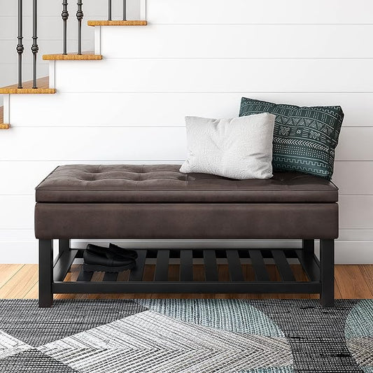 SIMPLIHOME Cosmopolitan 44 inch WideTransitional Rectangle Storage Ottoman Bench with Open Bottom in Distressed Brown Vegan Faux Leather, Assembled for the Living Room and Bedroom