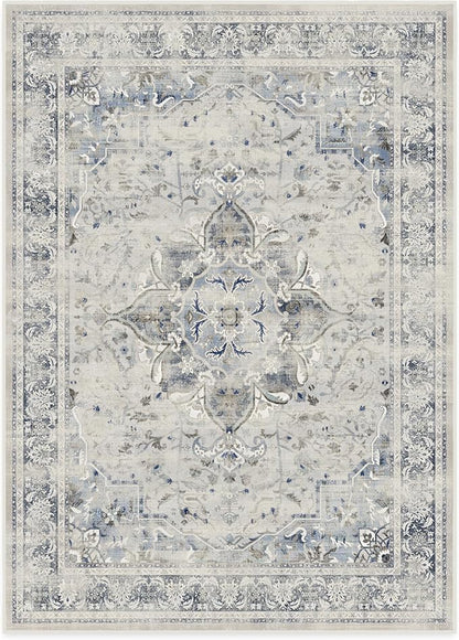 RUGGABLE Washable Vintage Area Rug – Sarrah Blue Quartz 10x14, Stain-Resistant, Non-Slip – Large Machine Washable Rugs for Living Room, Bedroom, Hallway, Entryway & Office–with Standard Pad