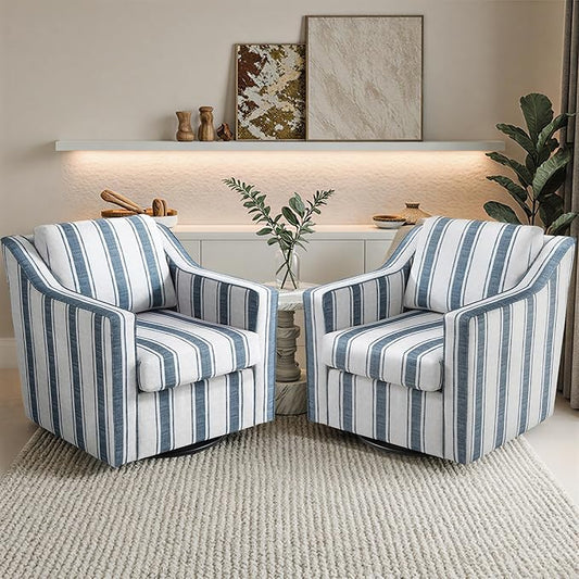 Pia Ricco Set of 2 Oversized Modern Striped Fabric Swivel Accent Chairs with Removable Covers, Living Room Reception Set,Navy