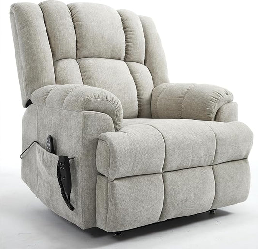 Power Lift Recliner Chair for Elderly, Oversized Chenille Electric Recliners Chairs for Living Room, Dual Motor 180° Lay Flat Recliner Big Sofa with Massage and Heating, Heavy-Duty, Beige