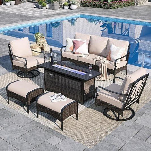 Sophia & William Patio Furniture Set with Fire Pit Table, 6 PCS Metal Outdoor Conversation Set with Fire Pit Table, 2 Swivel Chairs,2 Ottoman, 3-Seater Couch for Outdoor Seating, Backyard, Porch