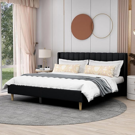 AGARTT Upholstered Platform Bed Frame King Size with Headboard and Footboard/Wooden Slats Support/No Box Spring Needed/Easy Assembly,Black Linen